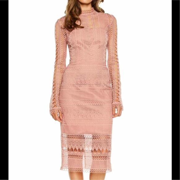 astr the label v neck lace fit & flare dress Lavena V-Neck Puff Sleeve Midi Dress
